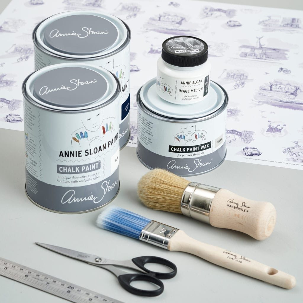 Products used to create the Bureau painted with Chalk Paint® in Pure and Oxford Navy and decoupaged with the Oxford Toile Paper from The Colourist Issue Four