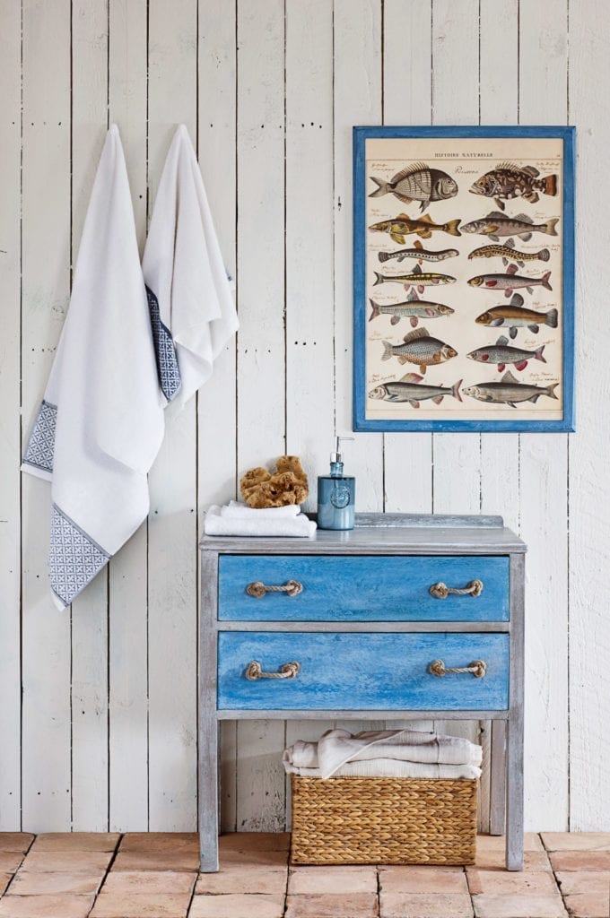 Coastal bathroom painted with Chalk Paint® furniture paint by Annie Sloan in a seaside palette of Greek Blue, French Linen and Old White.