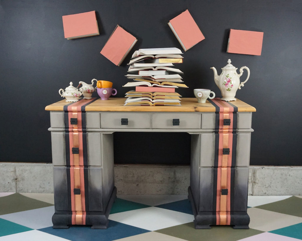 Scandinavian Pink, Athenian Black and French Linen Chalk Paint® and Copper Transfer Leaf Striped Desk by Olivia Lacy