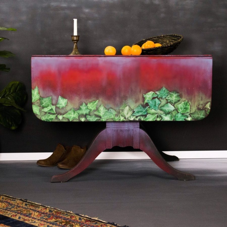 Drop Leaf Ivy Table by Annie Sloan Painter in Residence Girl in Blue Designs with Chalk Paint in reds and greens