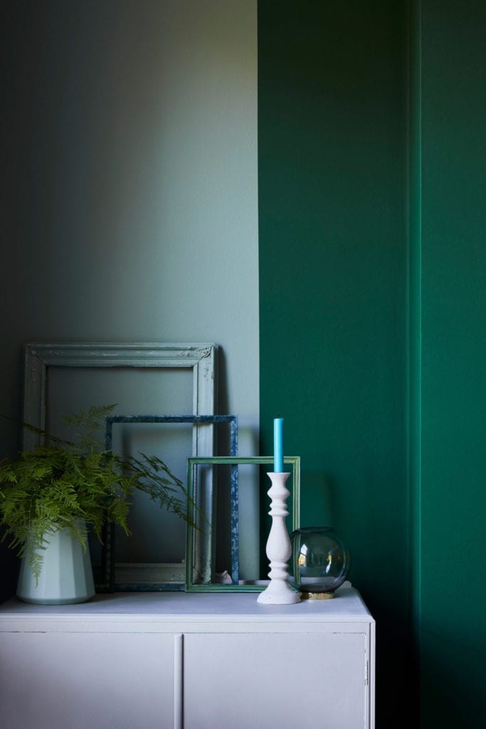 Duck Egg Blue and Amsterdam Green Wall Paint by Annie Sloan colour blocked wall