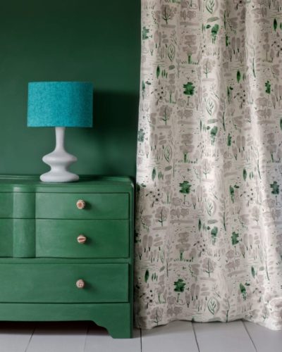 Dulcet in Old White fabric by Annie Sloan curtain and Chalk Paint in Amsterdam Green chest of drawers and Wall Paint