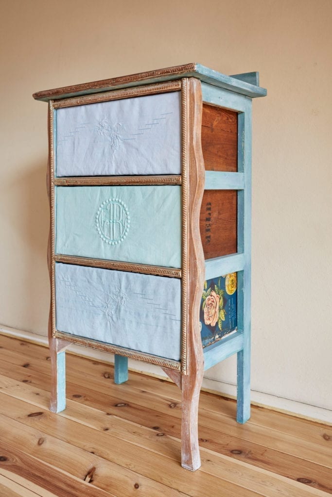 Fabric Covered Drawers by Annie Sloan Painters in Residence shed eleven dyed and painted with Chalk Paint®