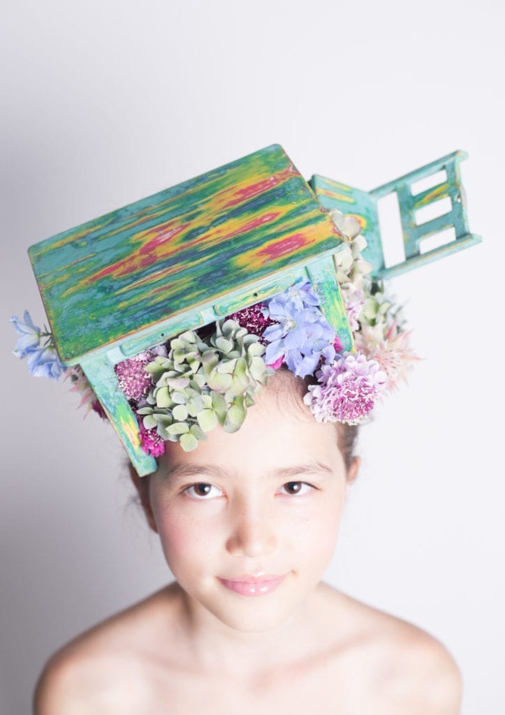 Floral Furniture Headress by Annie Sloan Painter in Residence Hanayuishi Takaya with Dolls’ House Furniture painted with Chalk Paint®