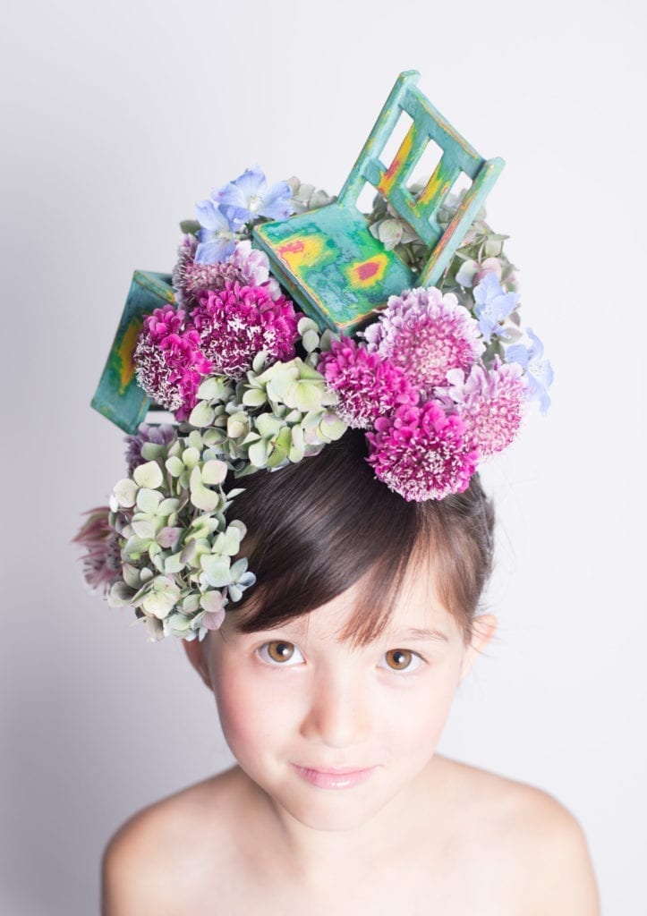 Floral Furniture Headress by Annie Sloan Painter in Residence Hanayuishi Takaya with Dolls’ House Furniture painted with Chalk Paint®