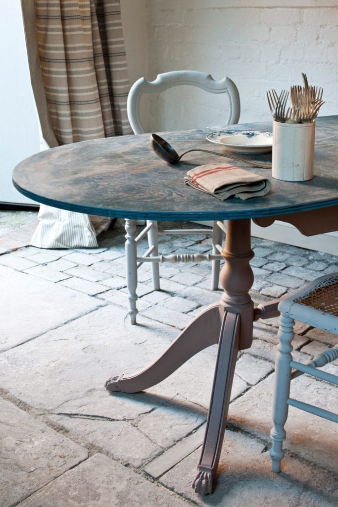 Frottage Table Top painted with Chalk Paint® by Annie Sloan in Scandinavian Pink and Aubusson Blue