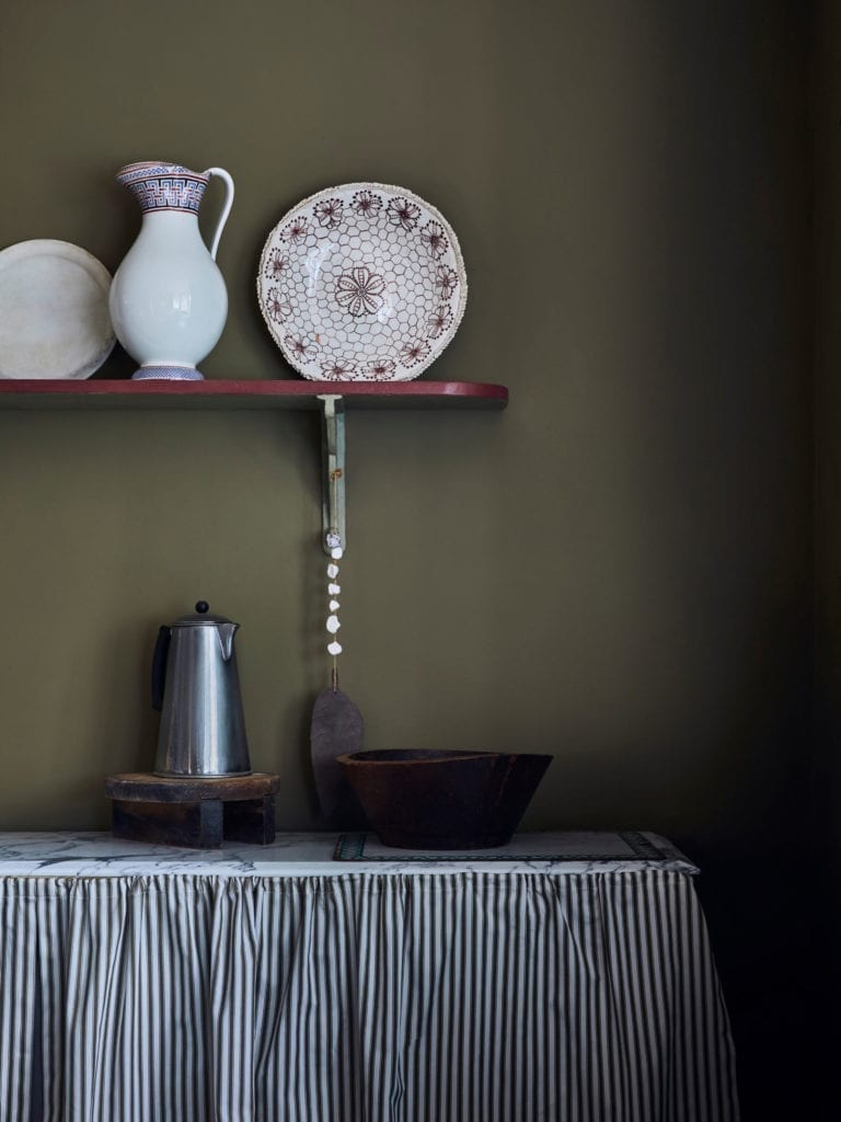 Annie Sloan Chalk Paint Farmhouse Kitchen featuring Ticking in Graphite and Olive Wall Paint Close Up