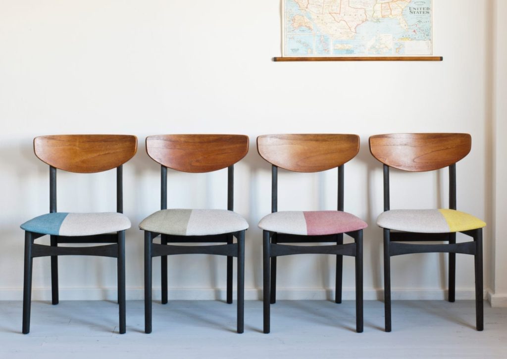 Mid-Century modern dining chairs covered with fabric painted with Chalk Paint® by Annie Sloan
