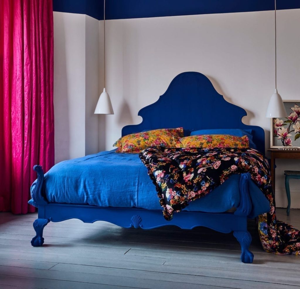 Colour Blocked Bedroom painted with Chalk Paint by Annie Sloan in Napoleonic Blue and Pure