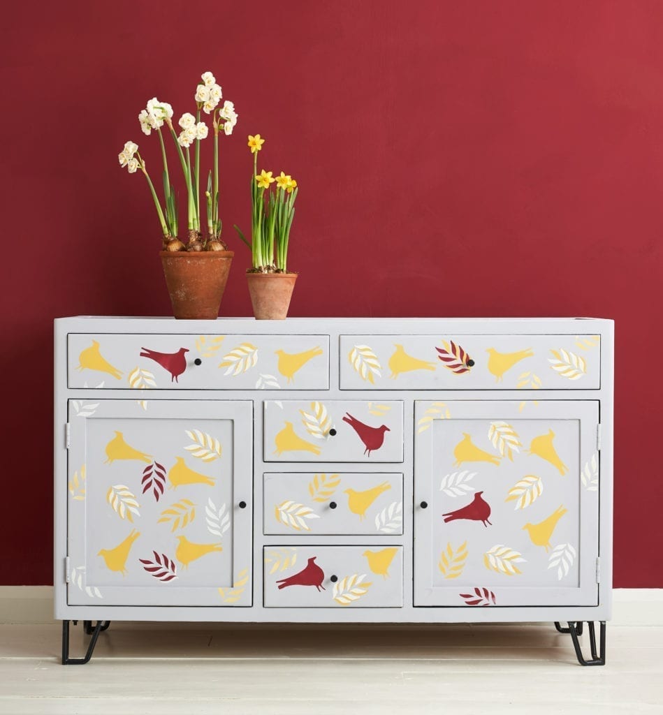 Overlapping Stencilled Chest from The Colourist Issue 2 painted with Chalk Paint® by Annie Sloan in Chicago Grey, Burgundy, Tilton and Old White
