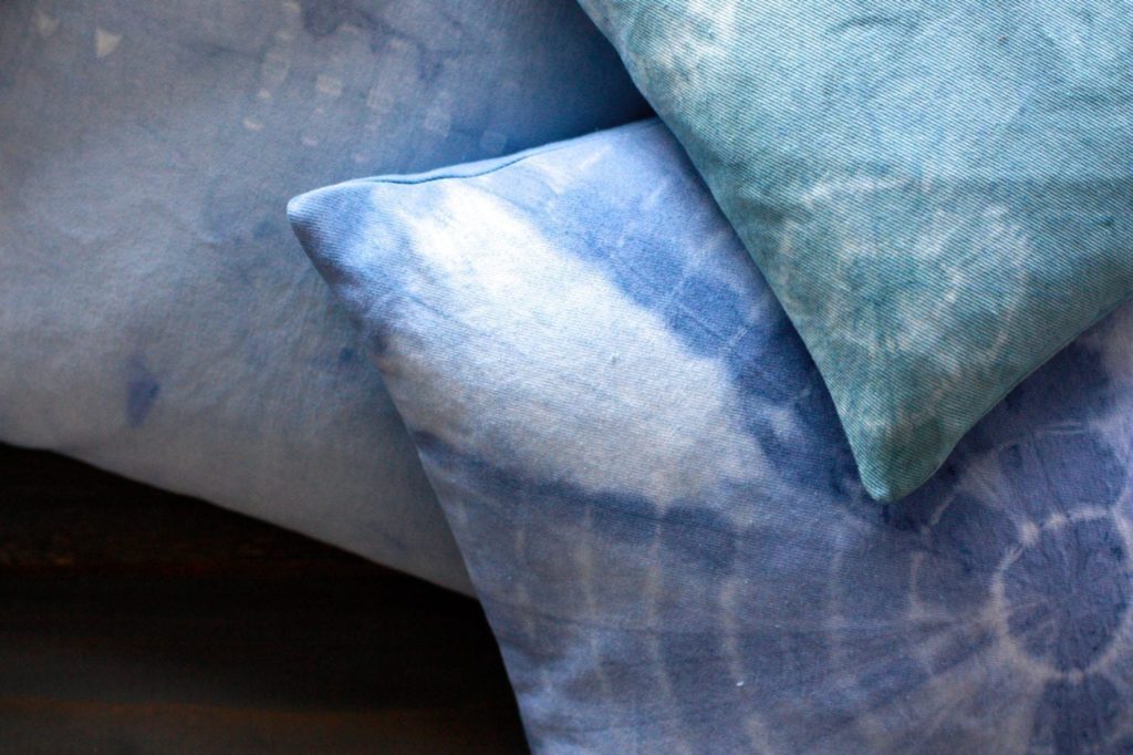 Shibori Tie-Dye cushions by Annie Sloan Painters in Residence Abigail and Ryan Bell with Chalk Paint® in Aubusson Blue, Napoleonic Blue and Greek Blue