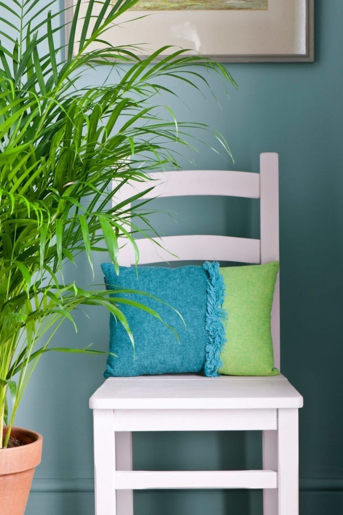 Spring Dining Room chair painted with Chalk Paint® by Annie Sloan in Antoinette and Linen Union fringed cushion