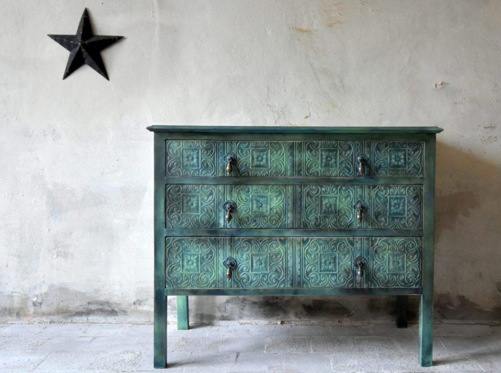 Textured wallpapered chest of drawers by Annie Sloan Painter in Residence Chloe Kempster painted with Chalk Paint® in Aubusson Blue, Antibes Green and Florence