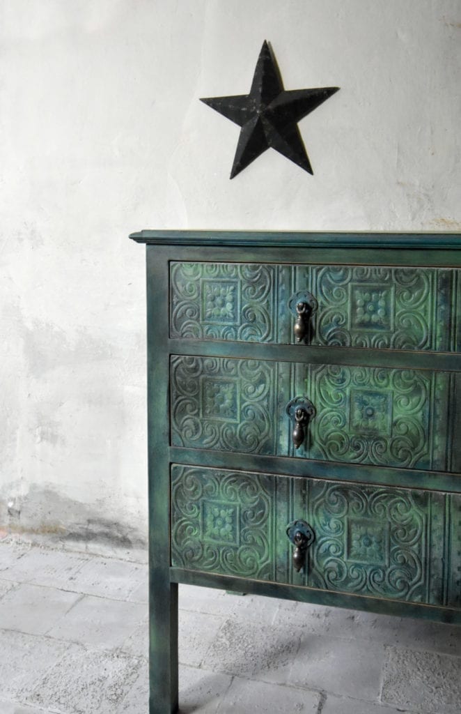 Textured wallpapered chest of drawers by Annie Sloan Painter in Residence Chloe Kempster painted with Chalk Paint® in Aubusson Blue, Antibes Green and Florence