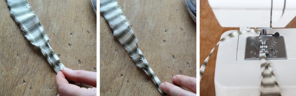 Ticking striped fabric by Annie Sloan in Olive strip being sewn for advent calendar drawstring