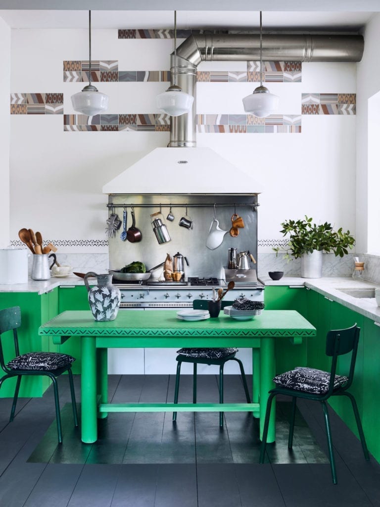 Vibrant Modern Kitchen painted with Chalk Paint® by Annie Sloan in Antibes Green, Graphite and Old White with Tacit fabric and Valeska and Hands Stencils