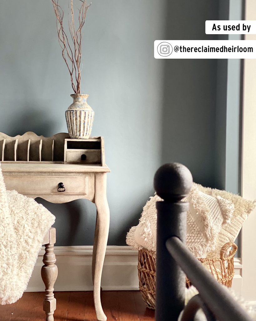 Lifestyle Image of Annie Sloan Wall Paint in Cambrian Blue with Desk in foreground
