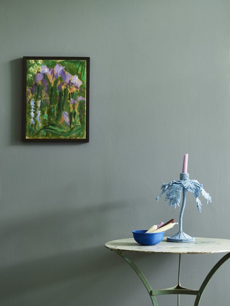 Annie Sloan Wall Paint in Cambrian Blue Lifestyle Image featuring Staged Table and Painting