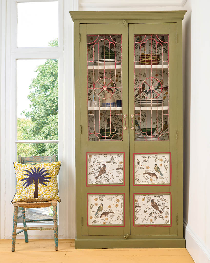 Songbirds decoupage on a book case, by Annie Sloan