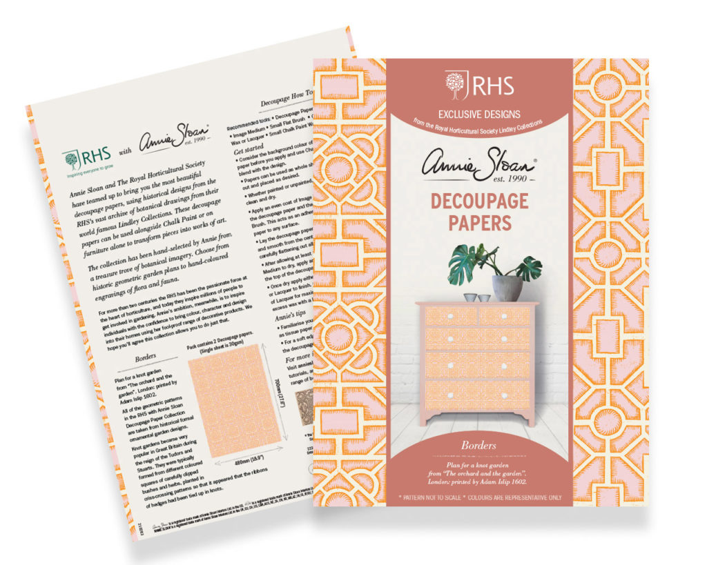 Product shot of Borders decoupage papers by Annie Sloan and RHS