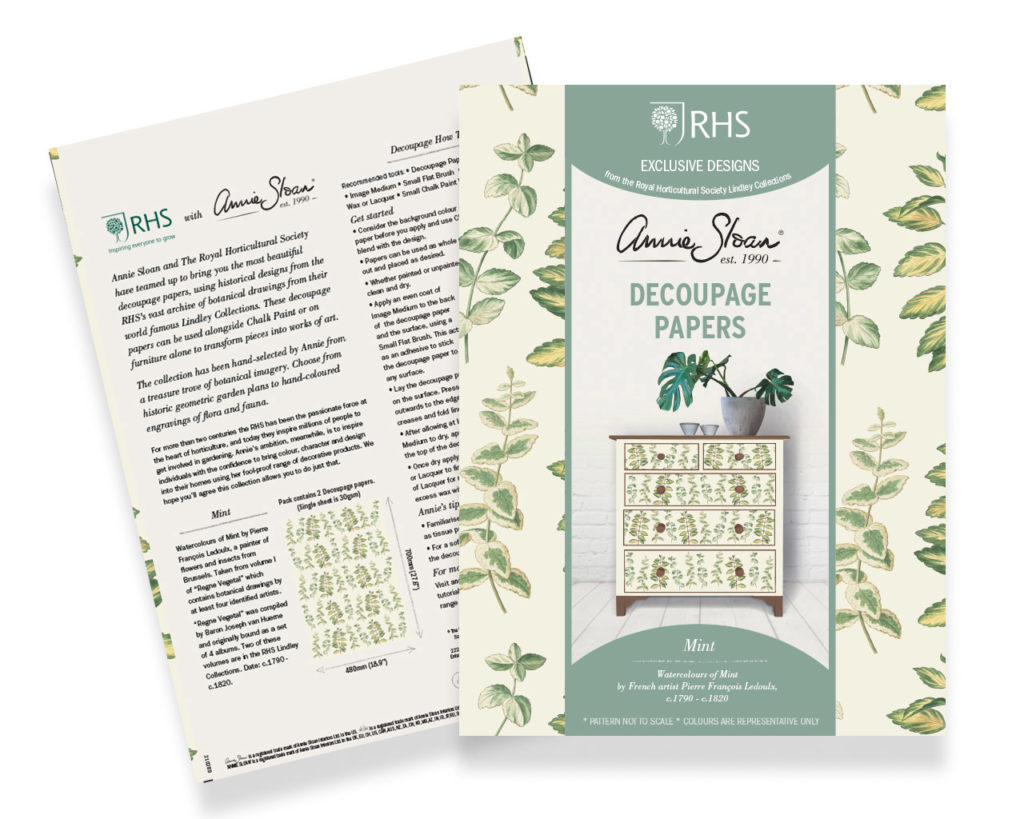 Product shot of Mint decoupage papers by Annie Sloan and RHS