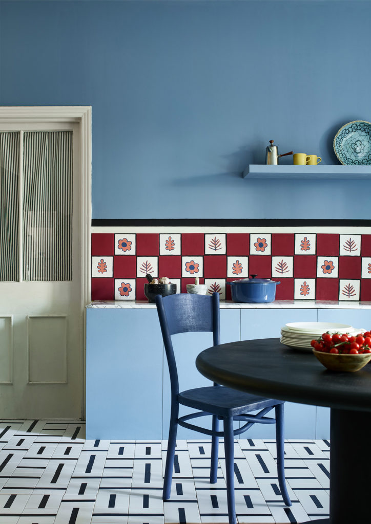 Annie Sloan Pale Blue Kitchen Tiles Painted in Scandinavian Pink, Burgundy and Napoleonic Blue Chalk Paint