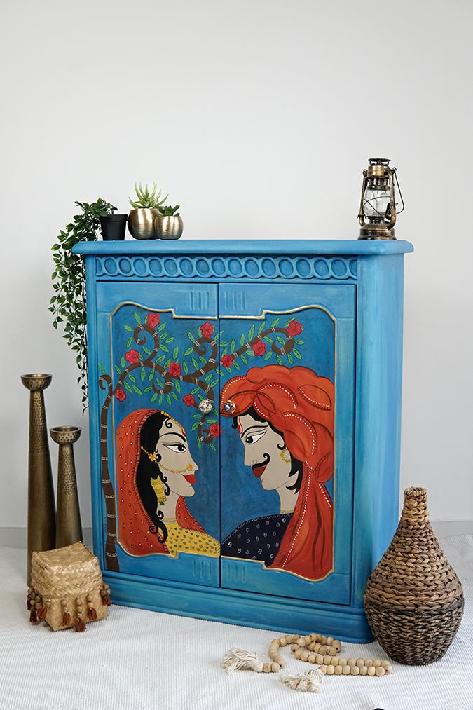 Chalk Paint by Annie Sloan used to paint a small cabinet in traditional Indian Madhubani style.