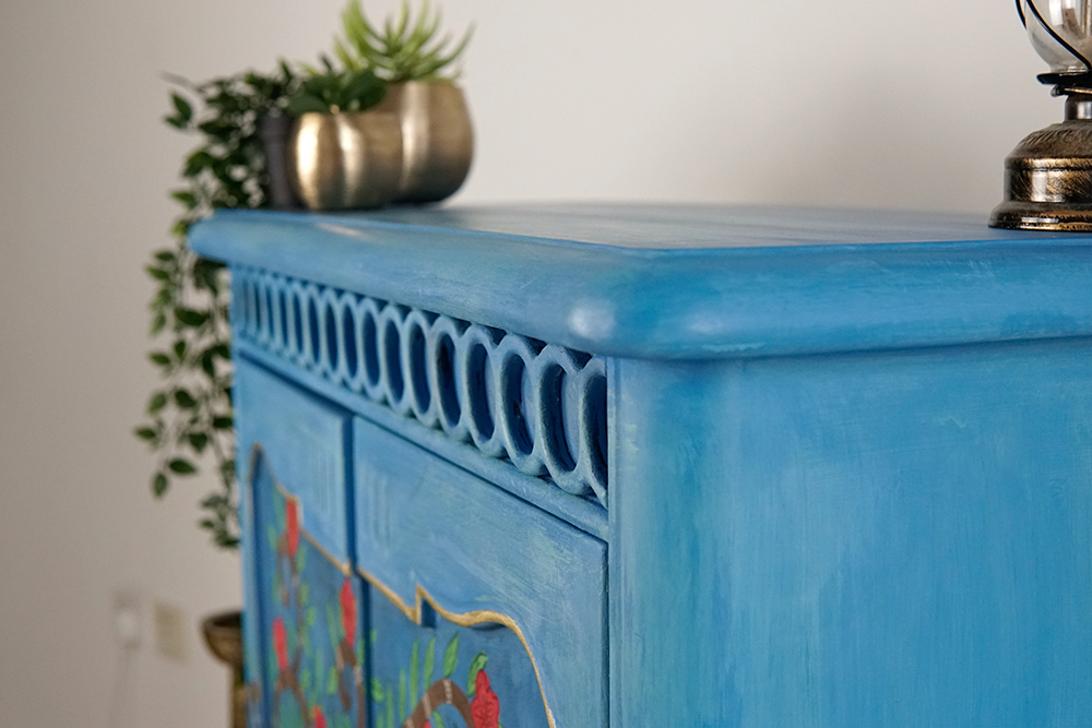 Chalk Paint by Annie Sloan used to paint a small cabinet in traditional Indian Madhubani style.