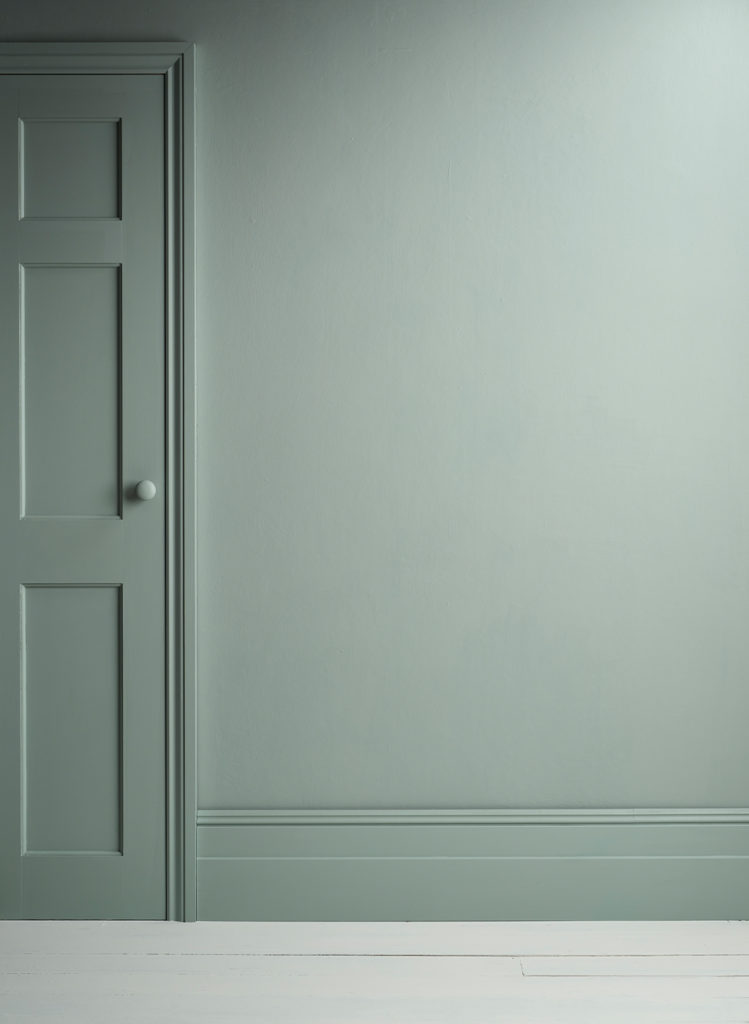 Lifestyle Image of Annie Sloan Satin Paint in Pemberley Blue used on door and skirting