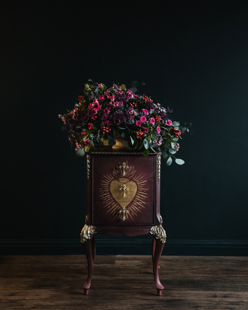 84 Square Chalk Paint Bedside Table featuring Floral Arrangement