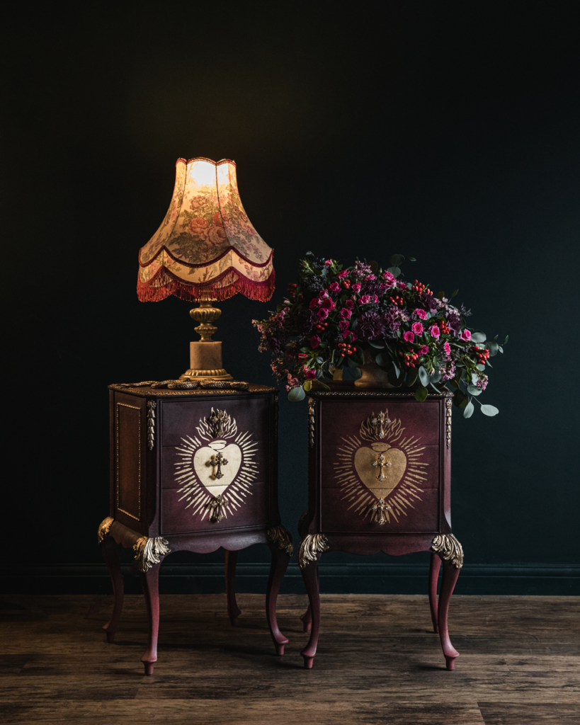 84 Square Sacred Heart Beside Tablets featuring Lamp and Floral Arrangement