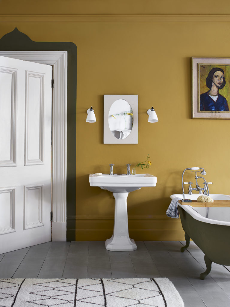 Colours to Spark Joy Carnaby Yellow Wall Paint Bathroom and Olive Chalk Paint Bath