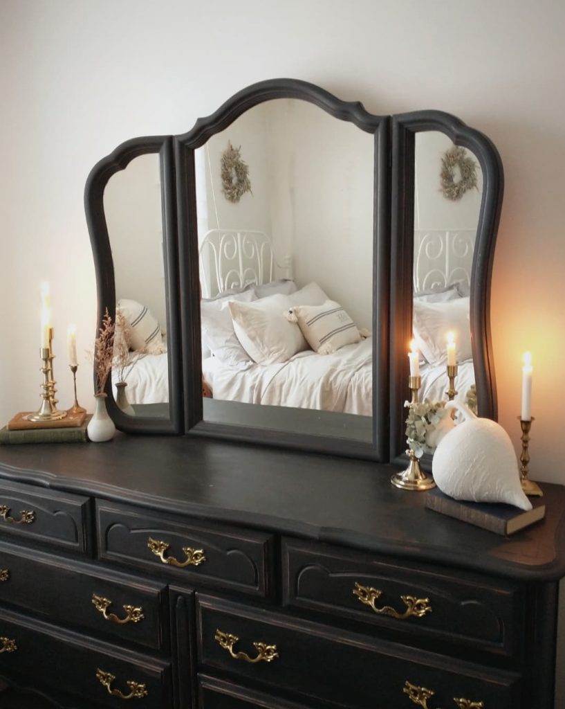 Athenian Black Chalk Paint Winged Mirror Dresser in Romantic, Minimalist Bedroom