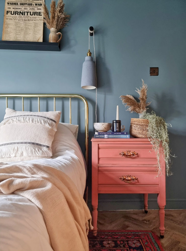 Scandinavian Pink Chalk Paint Side Table Next To Scandi-Style Minimalist Bed