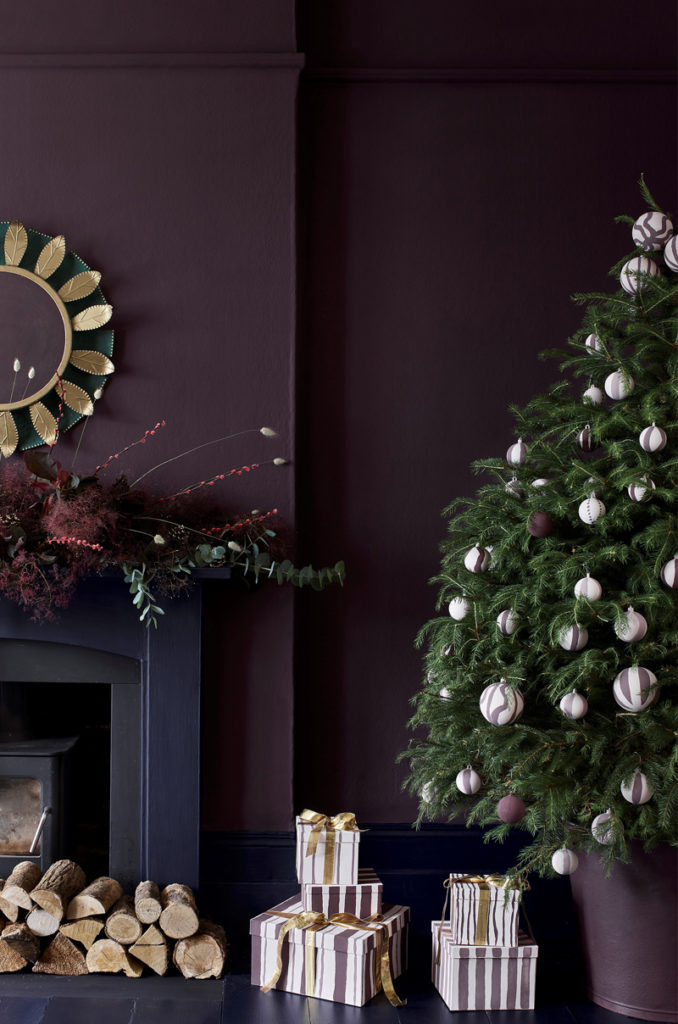 Tyrian Plum Wall Paint and Xmas Tree featuring Decorations and Wrapping Paper painted in Chalk Paint