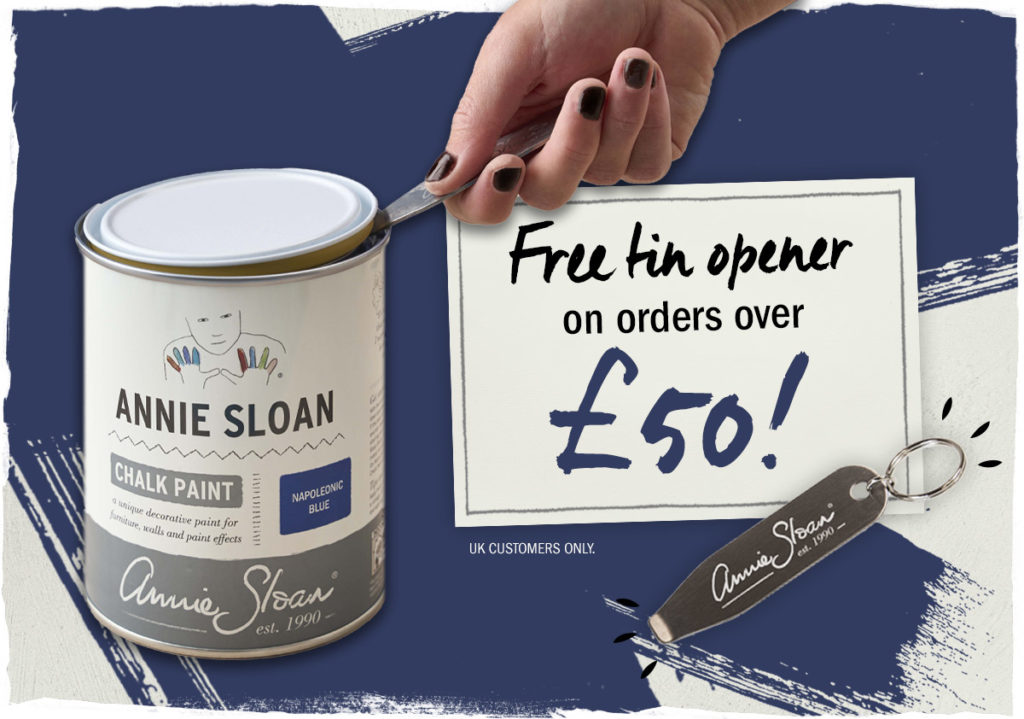Free tin opener on orders over £50 graphic including tin of Annie Sloan Chalk Paint being opened