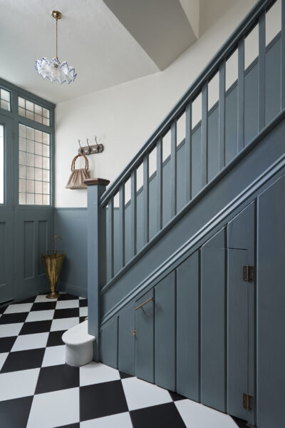 Cambrian Blue Satin Paint used on a bannister in a hallway