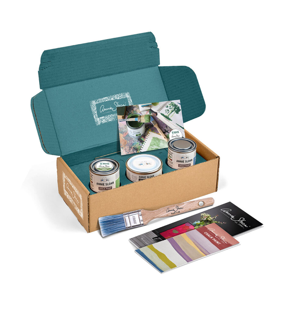 Contents of RHS gift kit with Capability Green and Greek Blue Chalk Paint