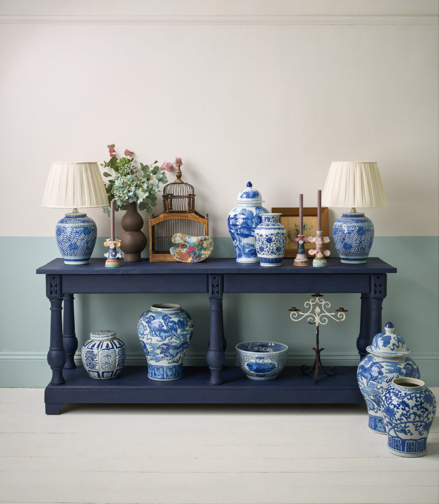 Blue and white vases on a table painted in Oxford Navy Chalk Paint