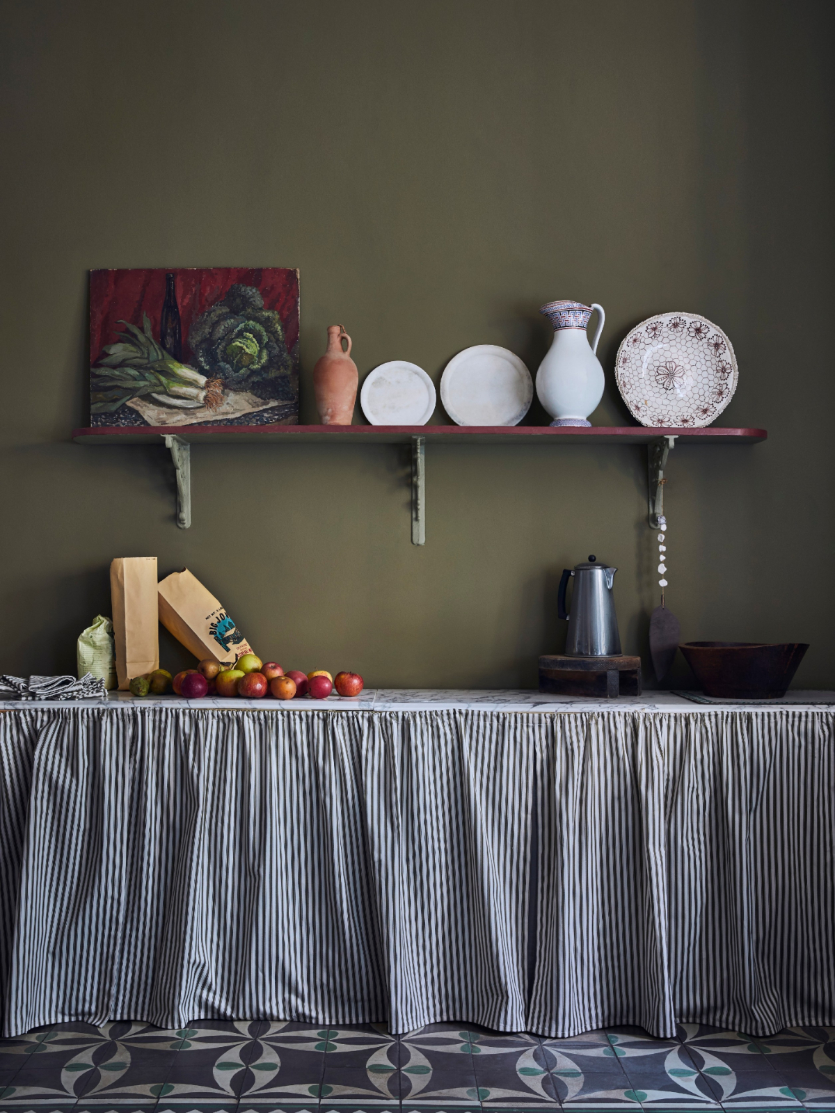 Annie-Sloan-Kitchen-Wall-Paint-in-Olive-Chalk-Paint-in-Chateau-Grey-and-Primer-Red-Ticking-in-Olive-curtain-Lifestyle
