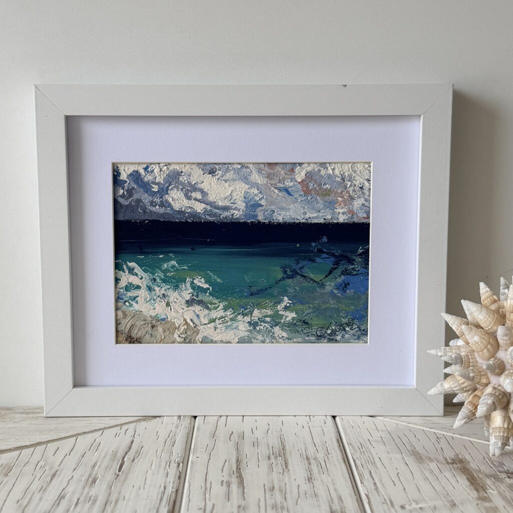 a painting of a seascape with texture and vibrant colours